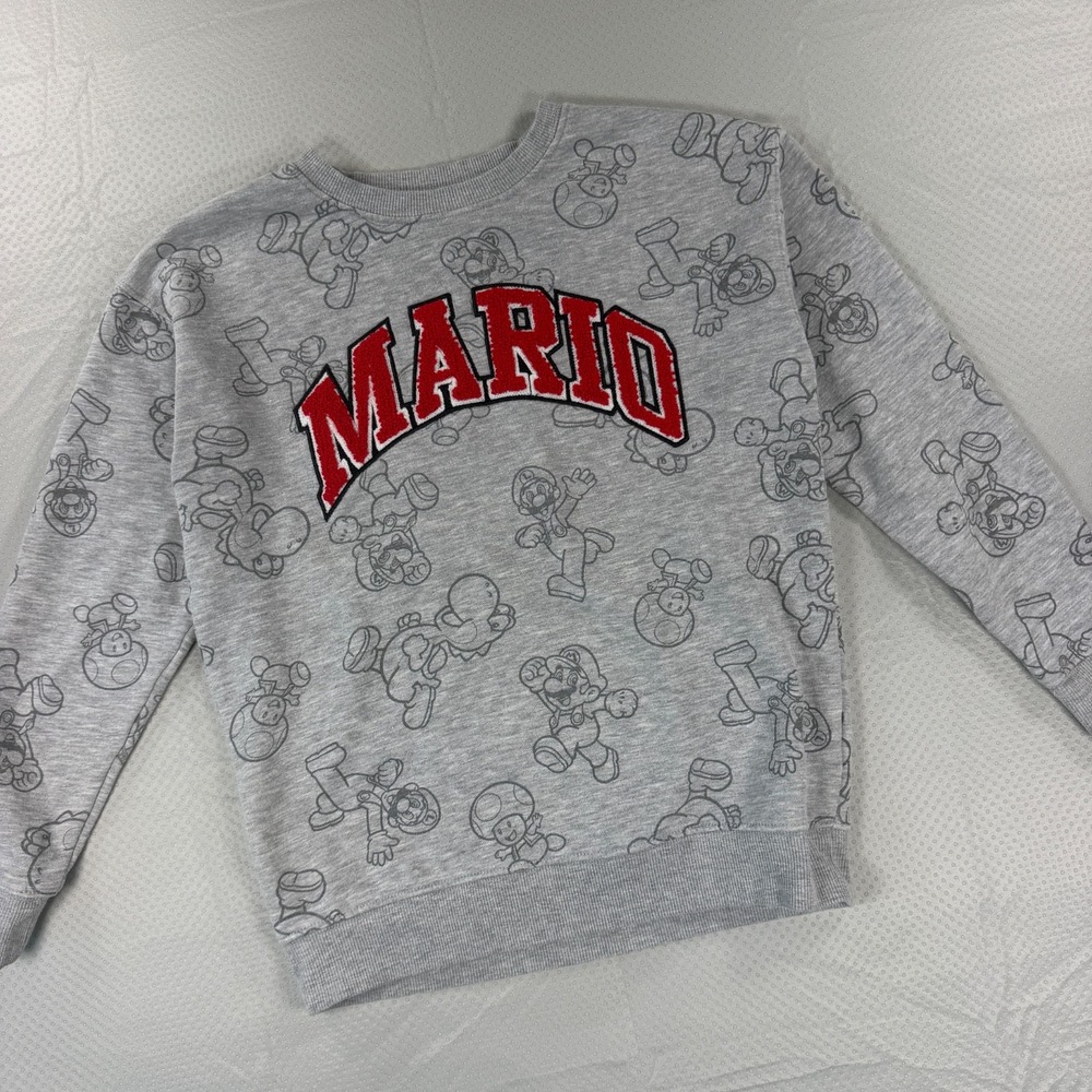 Nintendo Super Mario Sweatshirt Boys Size 10 Grey All Over Print Pullover